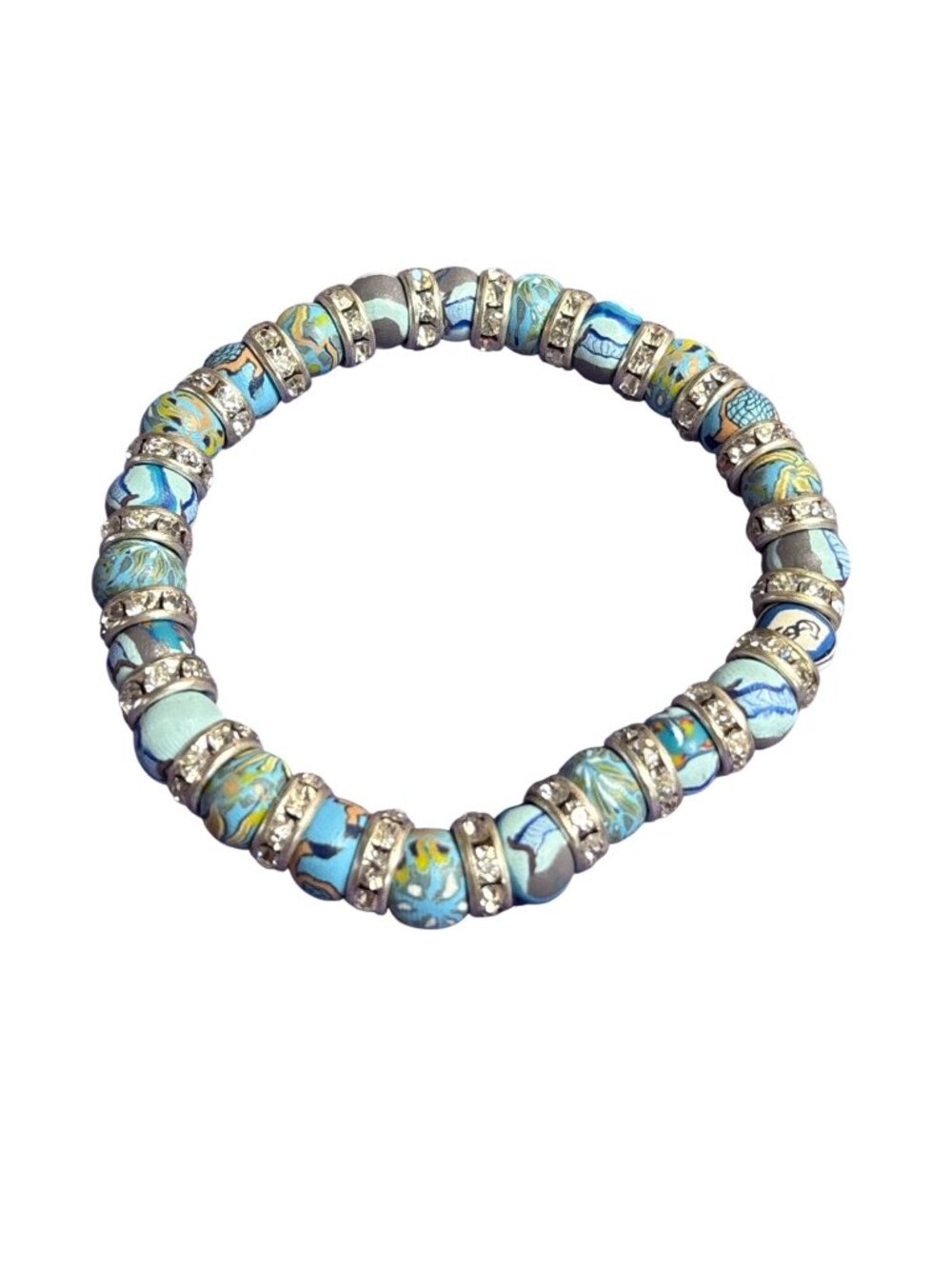 Beaded Stretchy Bracelet Patterned Blue Multicolor Silvertone Clear Rhinestones